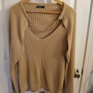 Cable & Gauge Tan V-Neck Sweater with Chain Accent